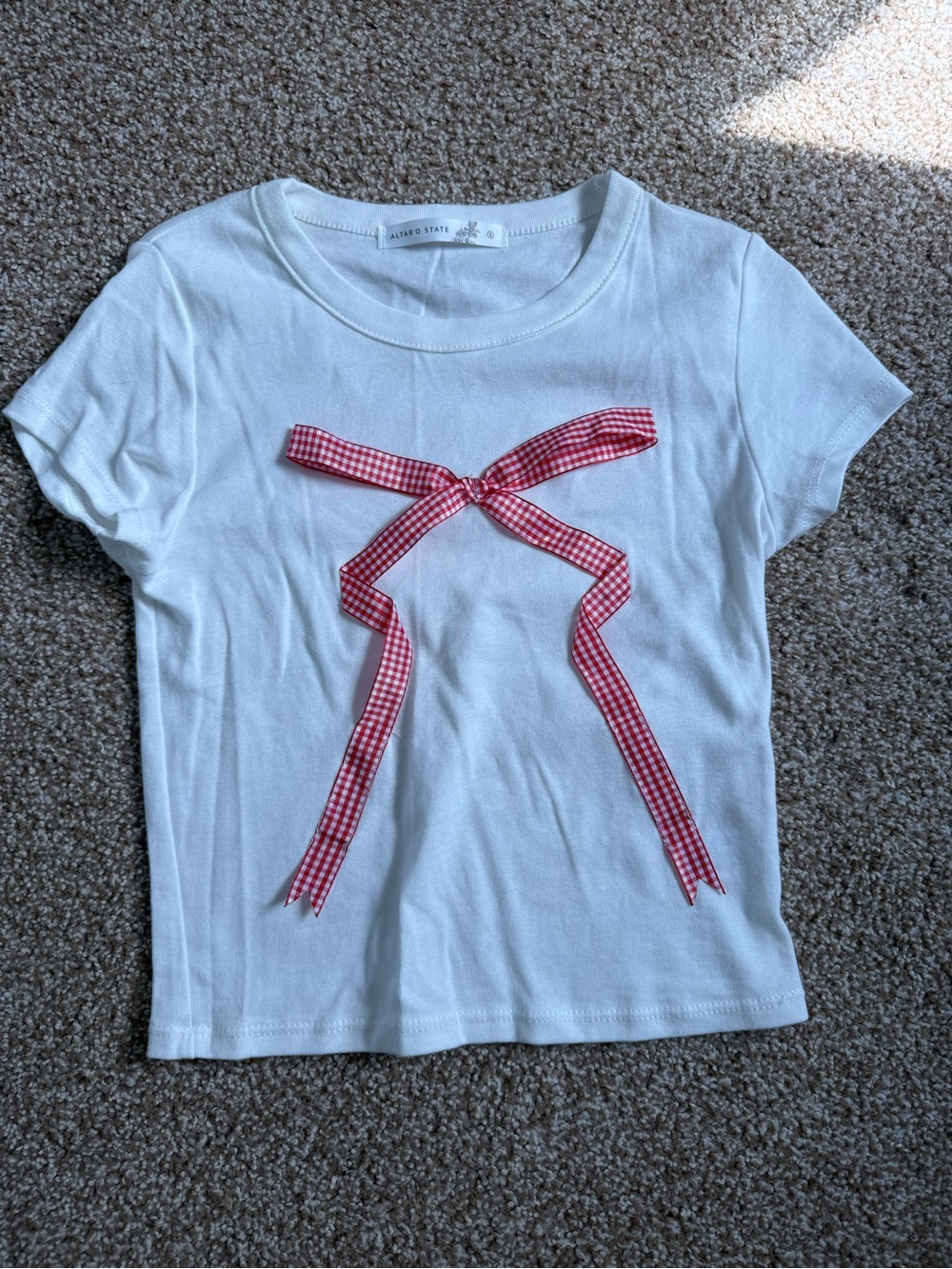 Altar'd State White Red Gingham Bow Tee